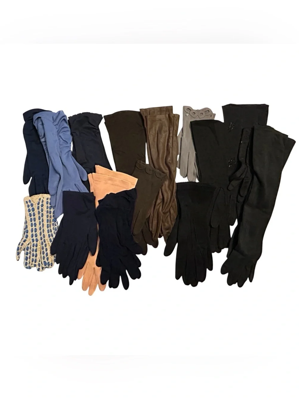 Vintage Women's Gloves 16 Pairs Black Brown Blue Peach Variety Lengths